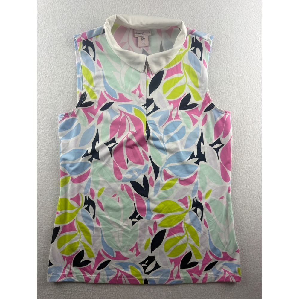 Tommy Bahama Golf Womens Sleeveless Polo Shirt Tropical Leaf Pink Green Medium